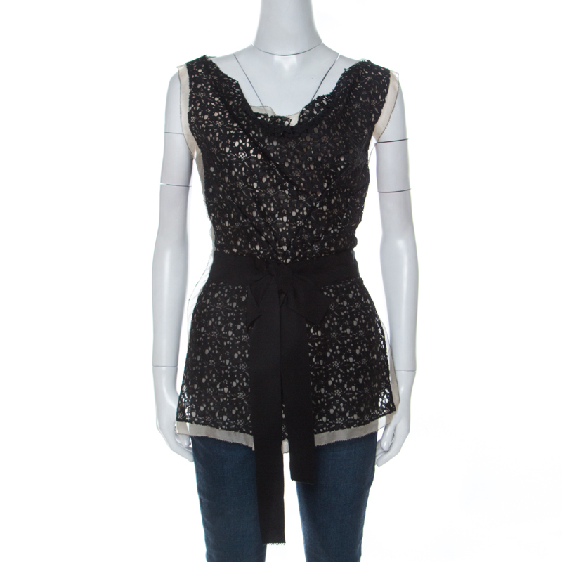Pre Owned Oscar de la Renta Black Lace Bow Detail Sleeveless Top L