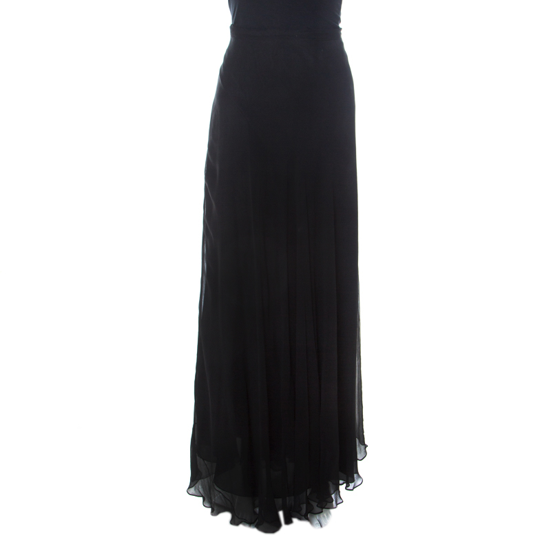 Pre Owned Oscar de la Renta Black Crinkle Chiffon Maxi Skirt L