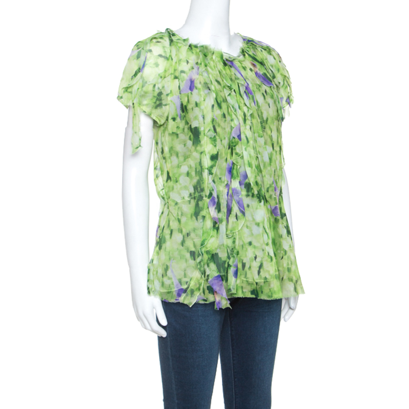 

Oscar de la Renta Green Floral Print Chiffon Top