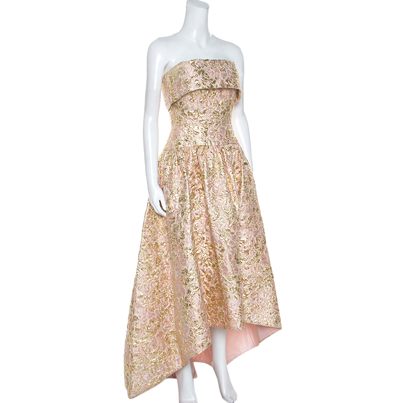 

Oscar De La Renta Pink and Gold Brocade Strapless Asymmetrical Dress