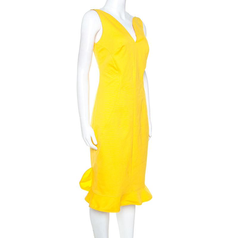 

Oscar De La Renta Yellow Stretch Cotton Ruffled Hem Midi Dress