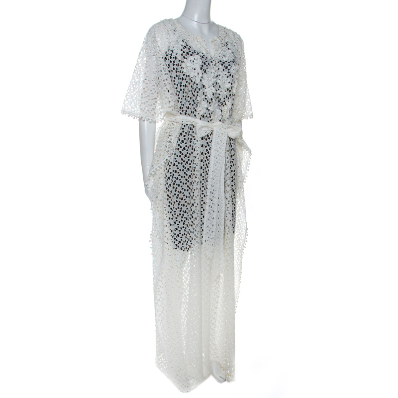 

Oscar de la Renta White Crochet Maxi Belted Kaftan