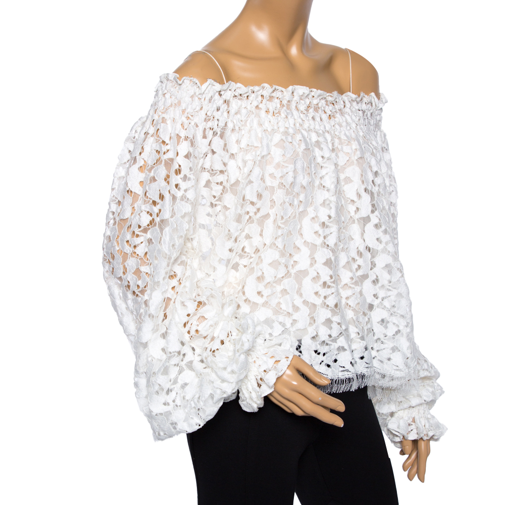 

Oscar De La Renta White Lace Smocked Off shoulder Top