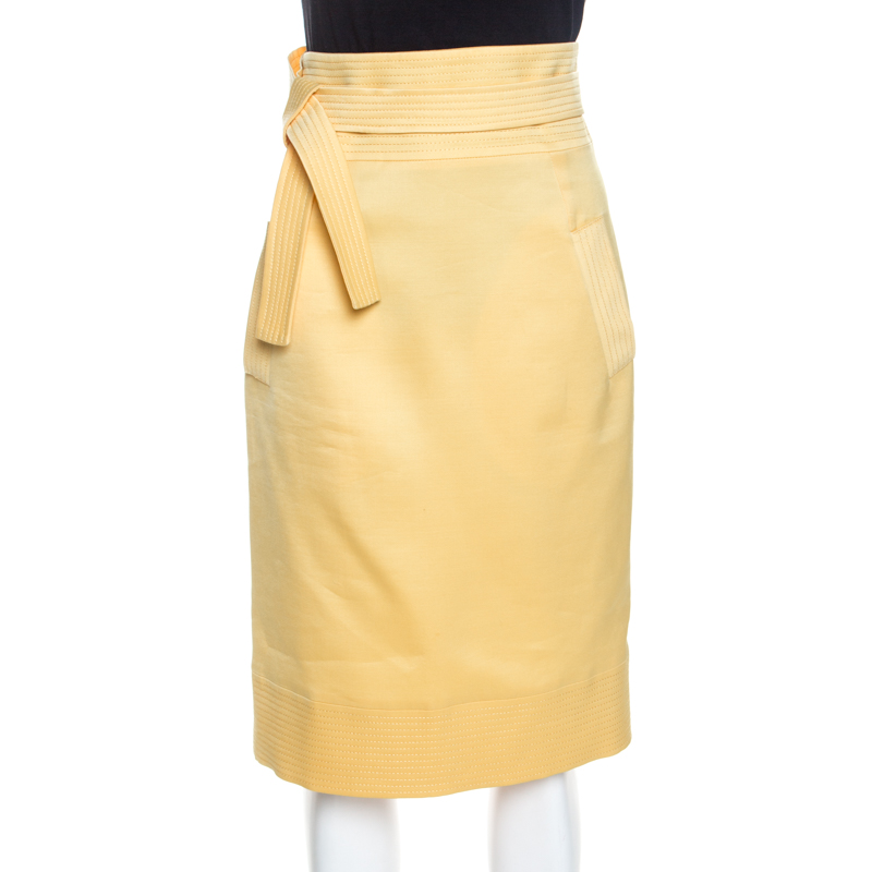 Pre Owned Oscar de la Renta Yellow Silk Waist Tie Detail Pencil Skirt M
