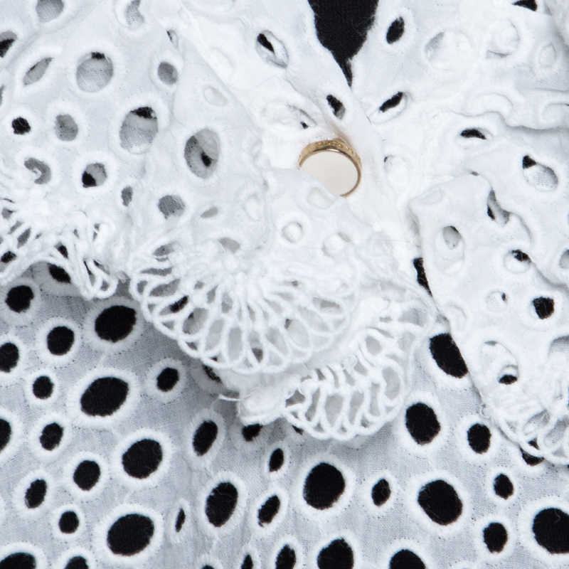 Pre-owned Oscar De La Renta White Eyelet Lace Ruffle Detail Top M