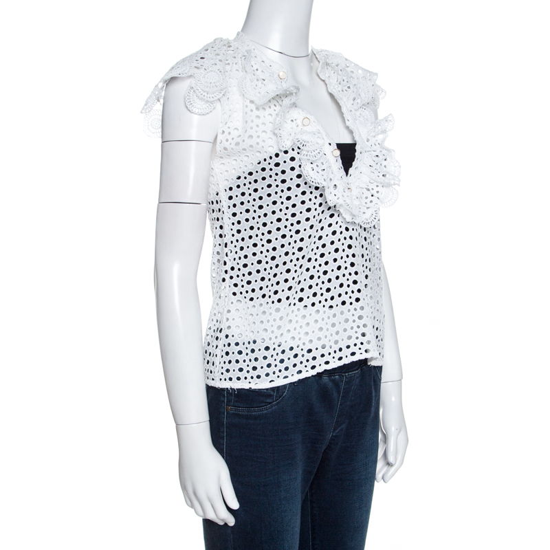 Pre-owned Oscar De La Renta White Eyelet Lace Ruffle Detail Top M