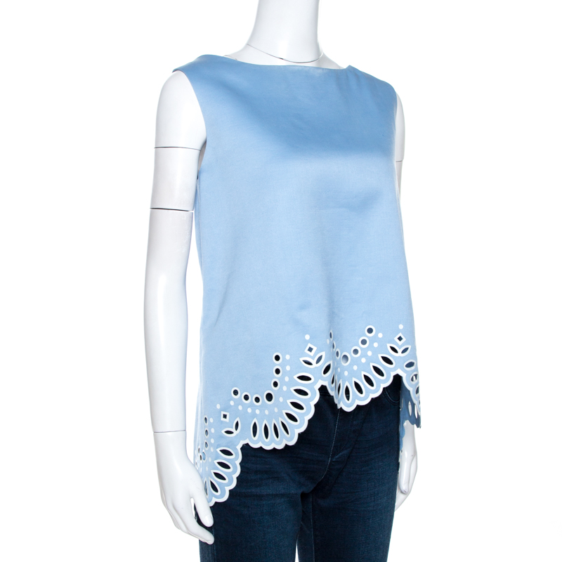 

Oscar de la Renta Blue Wool Silk Blend Cutout Scalloped Top