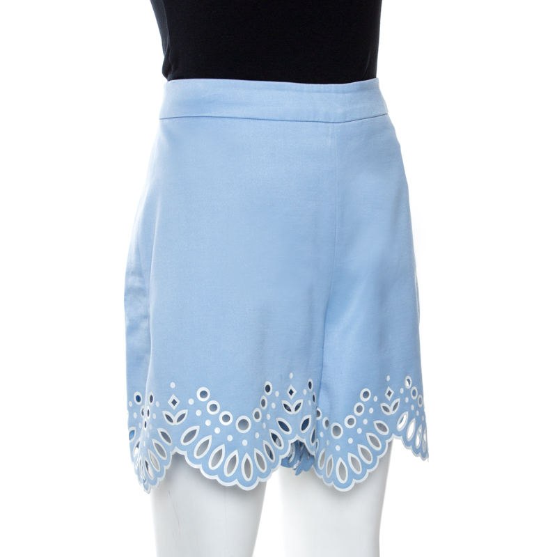 

Oscar de la Renta Blue Wool Silk Blend Cutout Scalloped Shorts