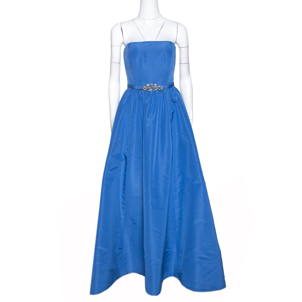 Pre-owned Oscar De La Renta Blue Silk Faille Strapless Gown M