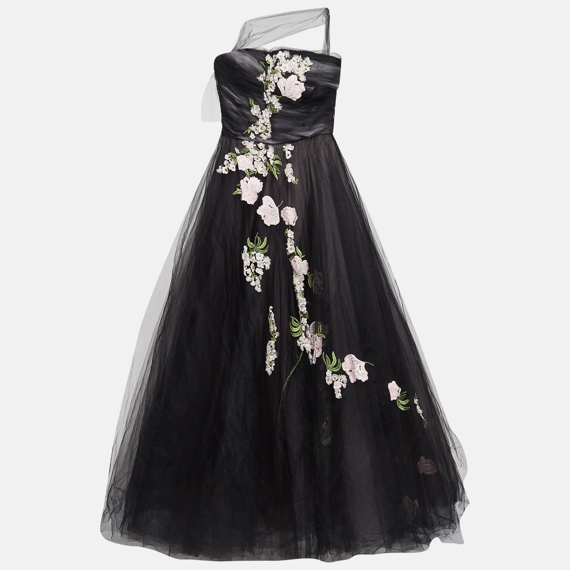 

Oscar de la Renta Black Floral Embroidered and Appliqued Tulle Halter Neck Gown
