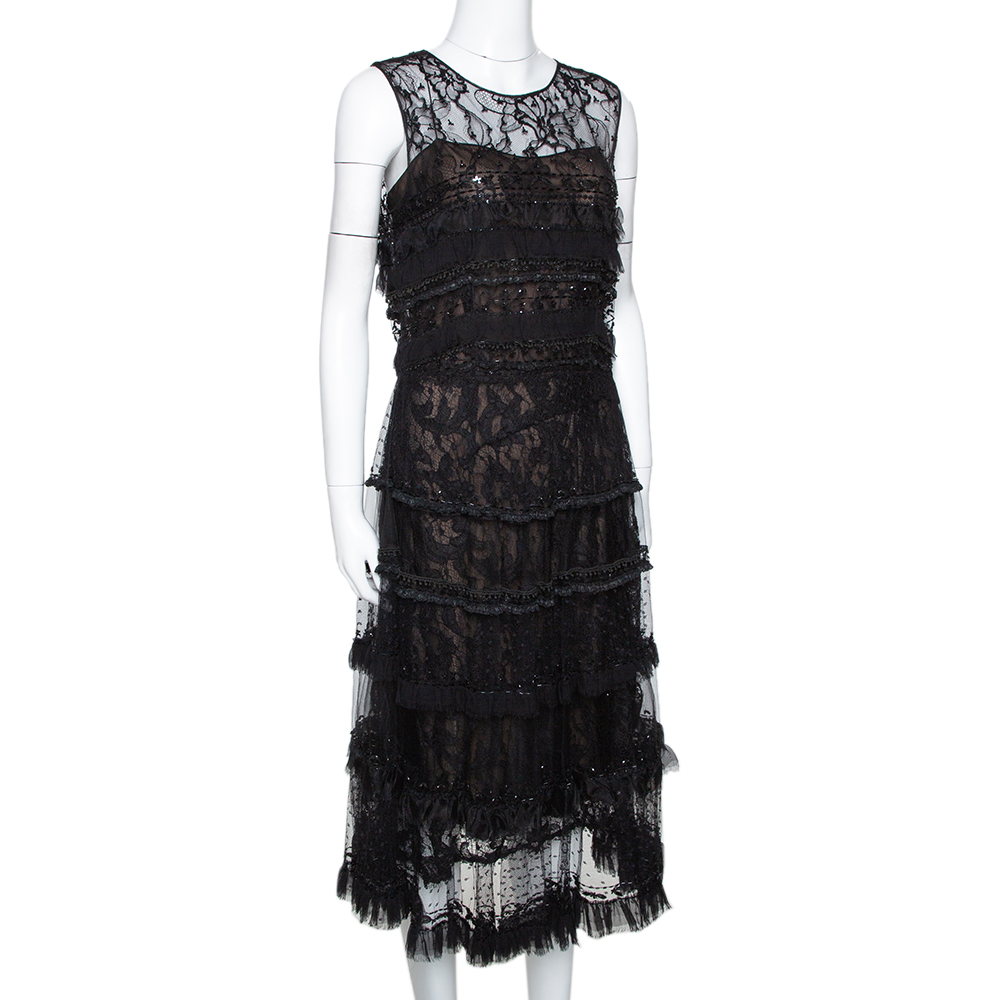 

Oscar de la Renta Black Bead Embellished Lace Sleeveless Tiered Dress