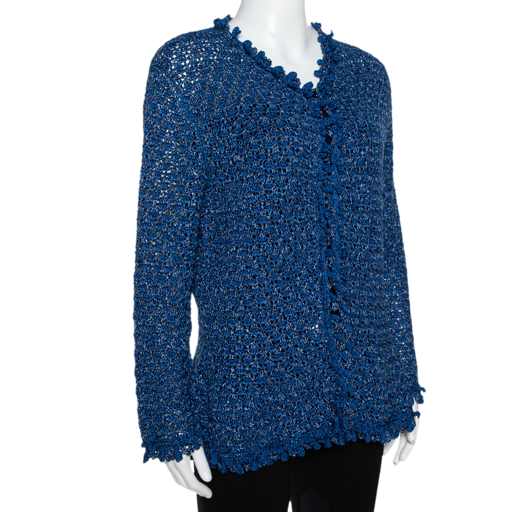 

Oscar de la Renta Blue Silk Hand Knit Button Front Cardigan