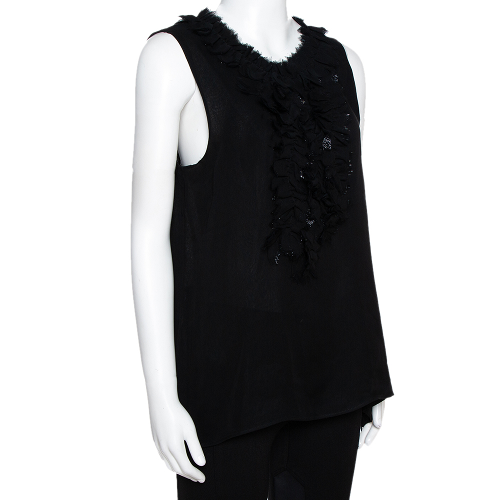 

Oscar de la Renta Black Silk Sleeveless Ruffled Blouse