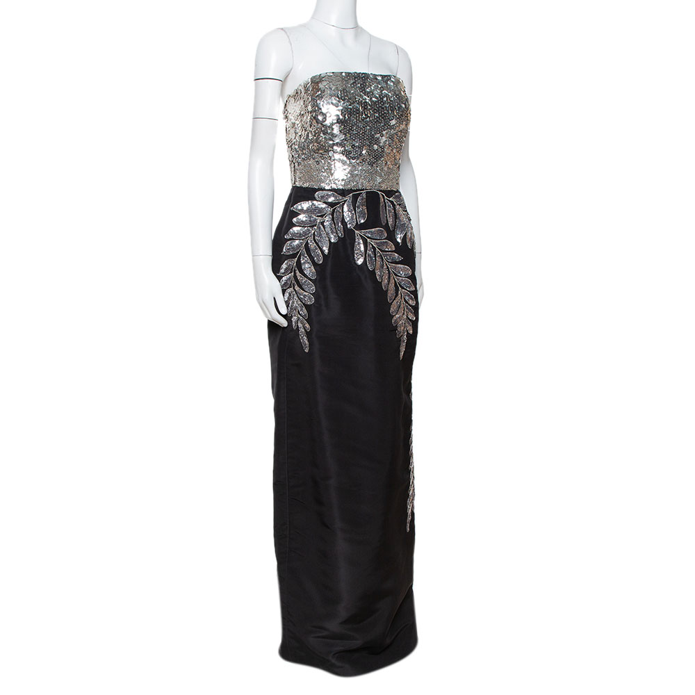 

Oscar de la Renta Black Silk Sequin Embellished Strapless Gown