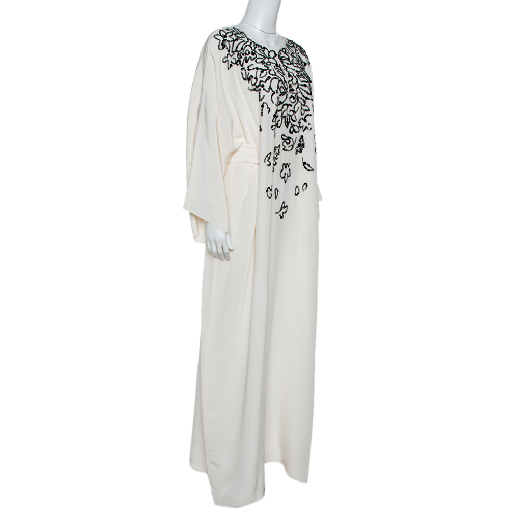 

Oscar de la Renta Cream Silk Sequin Embellished Belted Kaftan