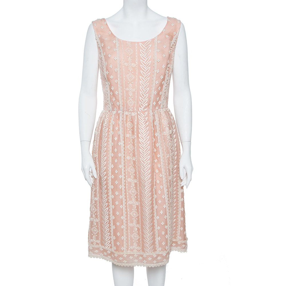 

Oscar de la Renta Pale Pink Organza Silk Embroidered Sleeveless Dress XL