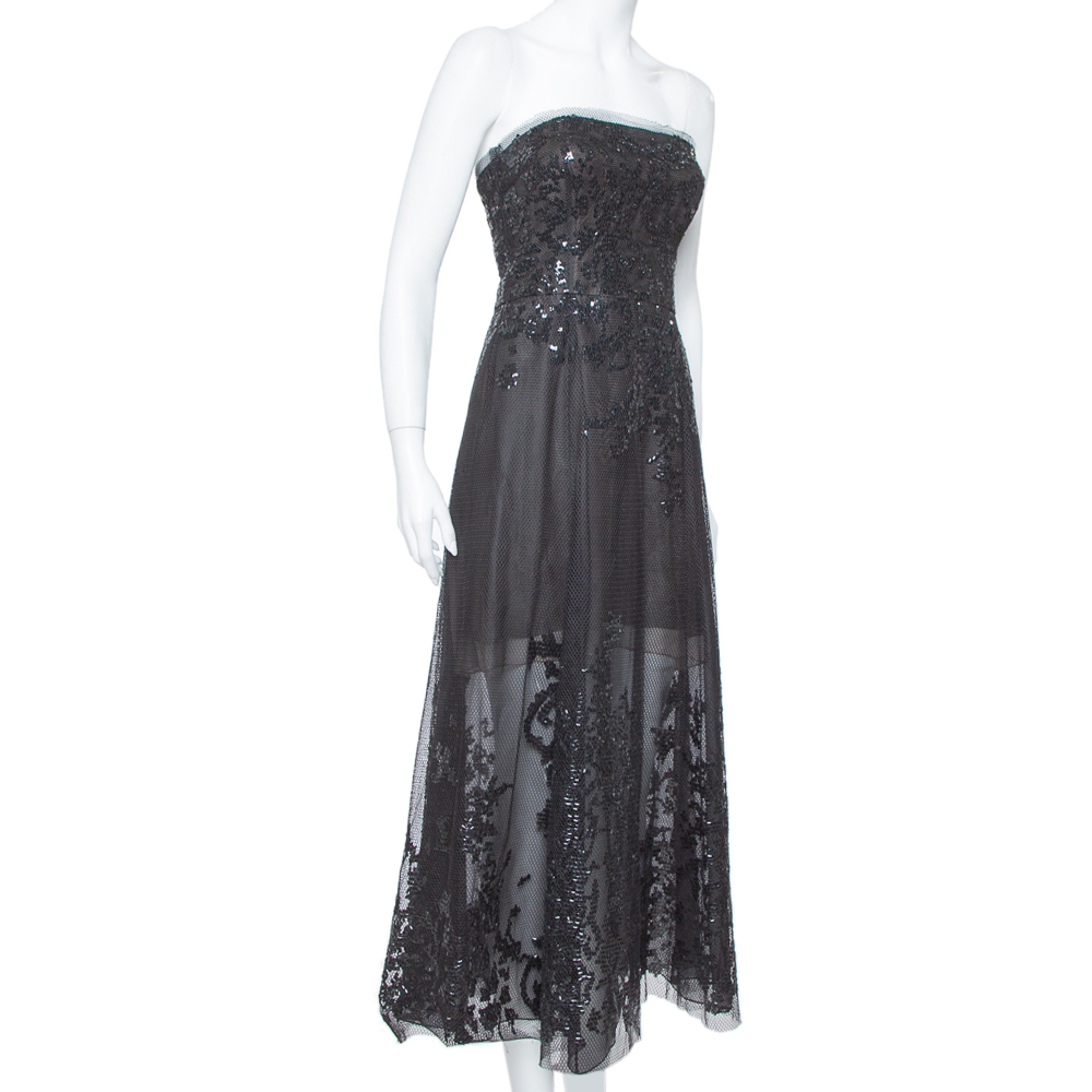 

Oscar de la Renta Black Sequin Embellished Mesh Strapless Midi Dress