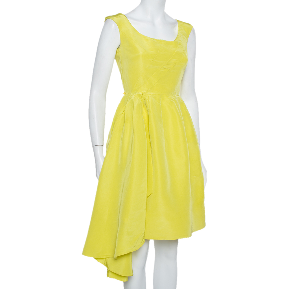 

Oscar de la Renta Yellow Silk Front Drape Detail Sleeveless Midi Dress