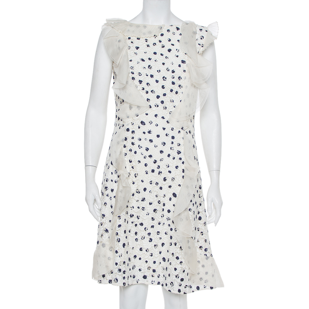 Pre-owned Oscar De La Renta White Painted Effect Lace Ruffle Detail Short Dress M