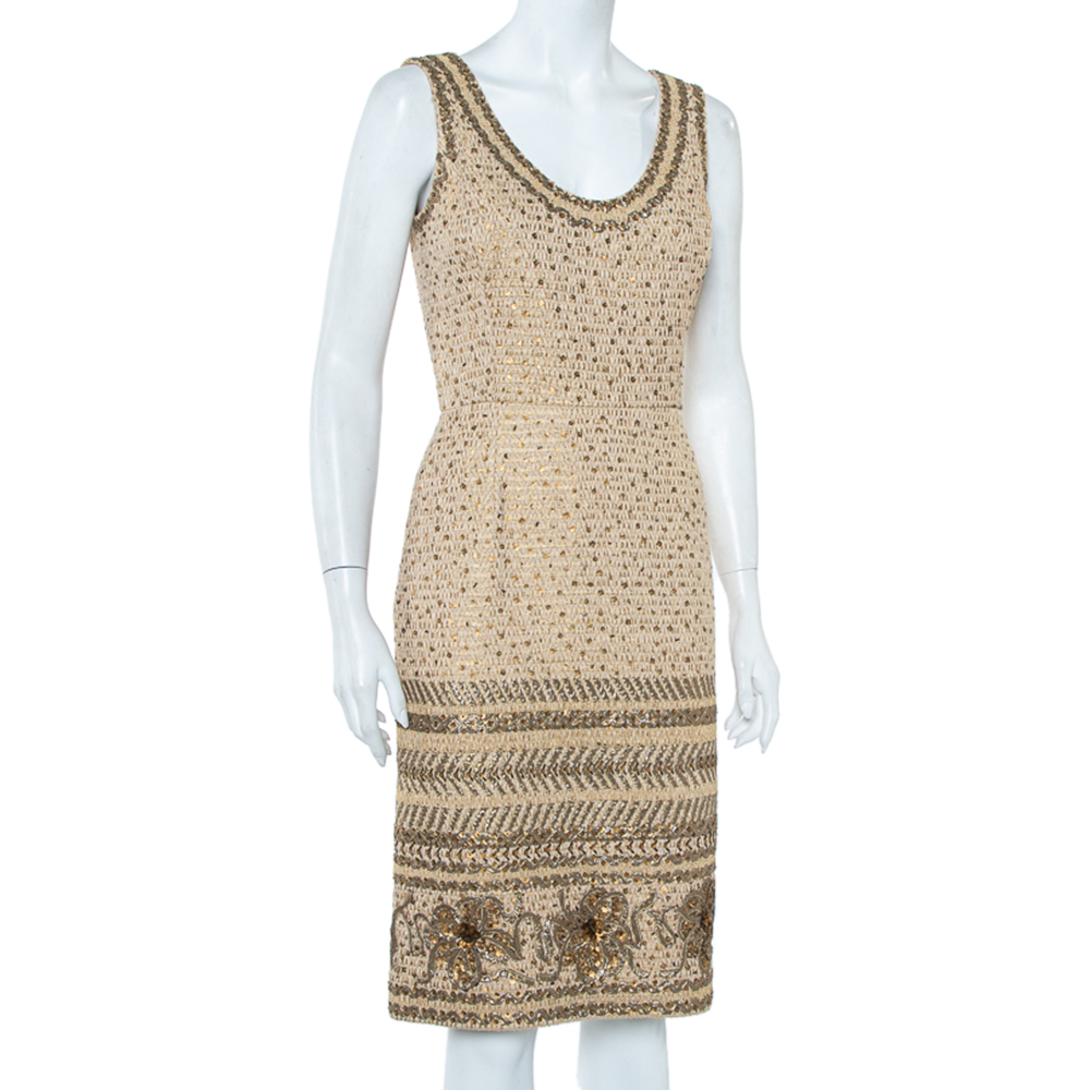 

Oscar de la Renta Beige Tweed Sequin Embellished Sleeveless Sheath Dress