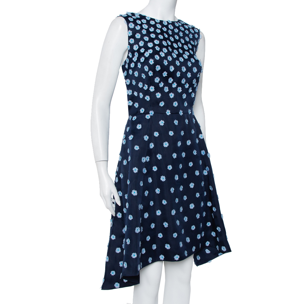 

Oscar de la Renta Navy Blue Silk Floral Applique Detail Sleeveless Hi-Low Dress