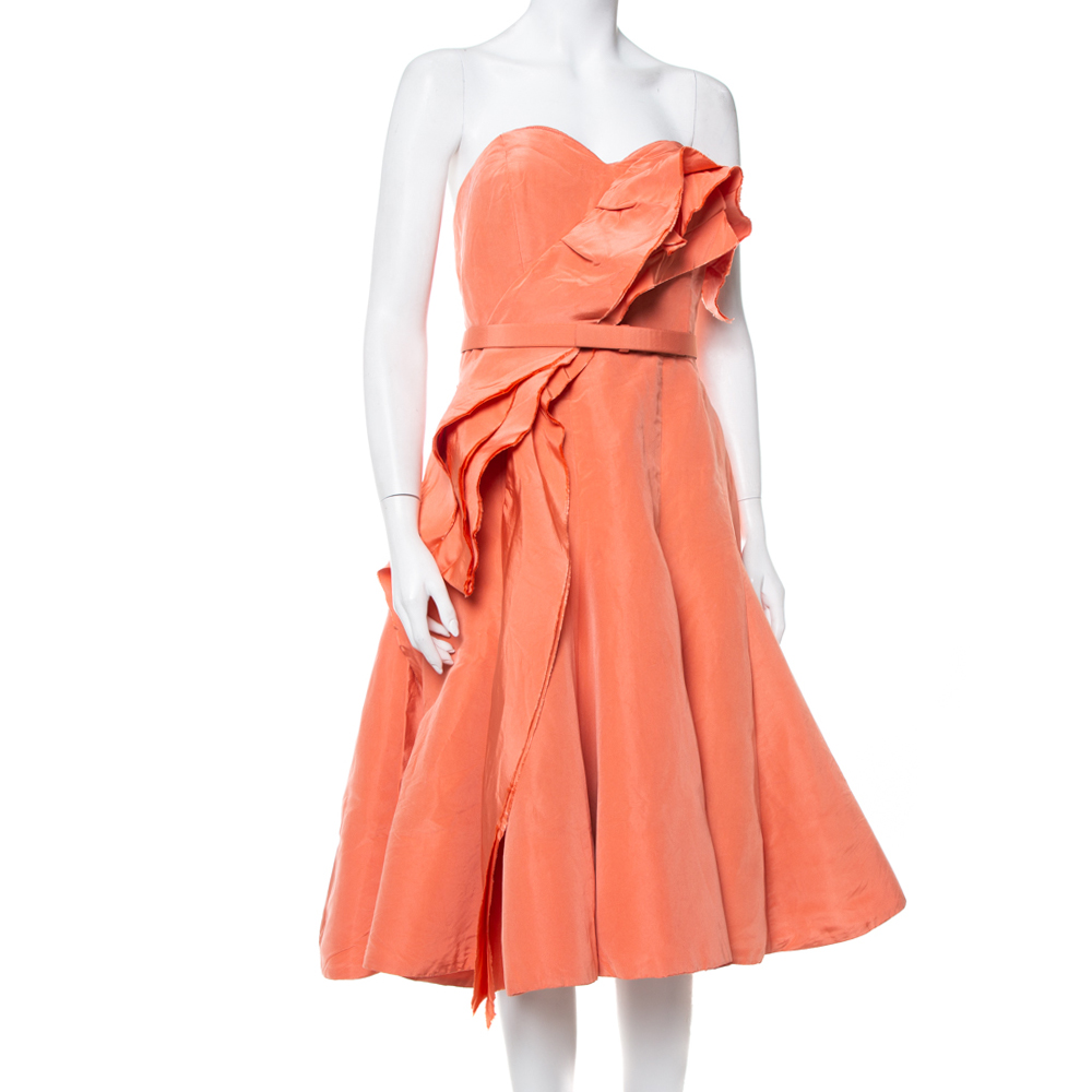 

Oscar de la Renta Salmon Pink Silk Ruffle Detail Bustier Mini Dress