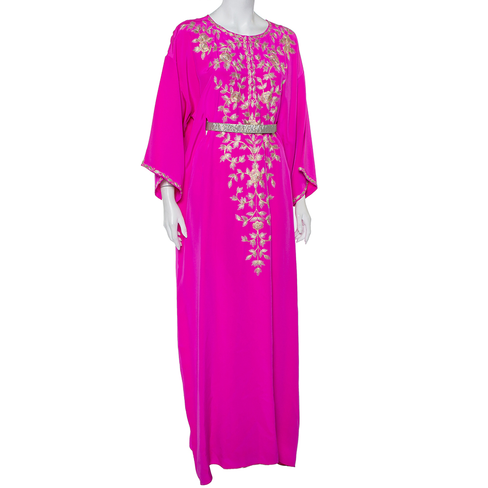 

Oscar de la Renta Fuschia Pink Silk Embroidered Detail Belted Maxi Dress