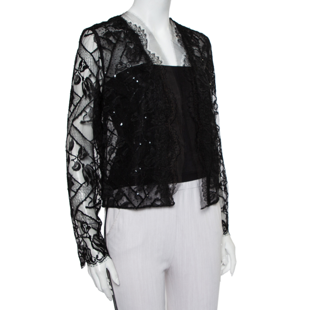 

Oscar de la Renta Black Lace & Tulle Sequin Embellished Open Front Shrug