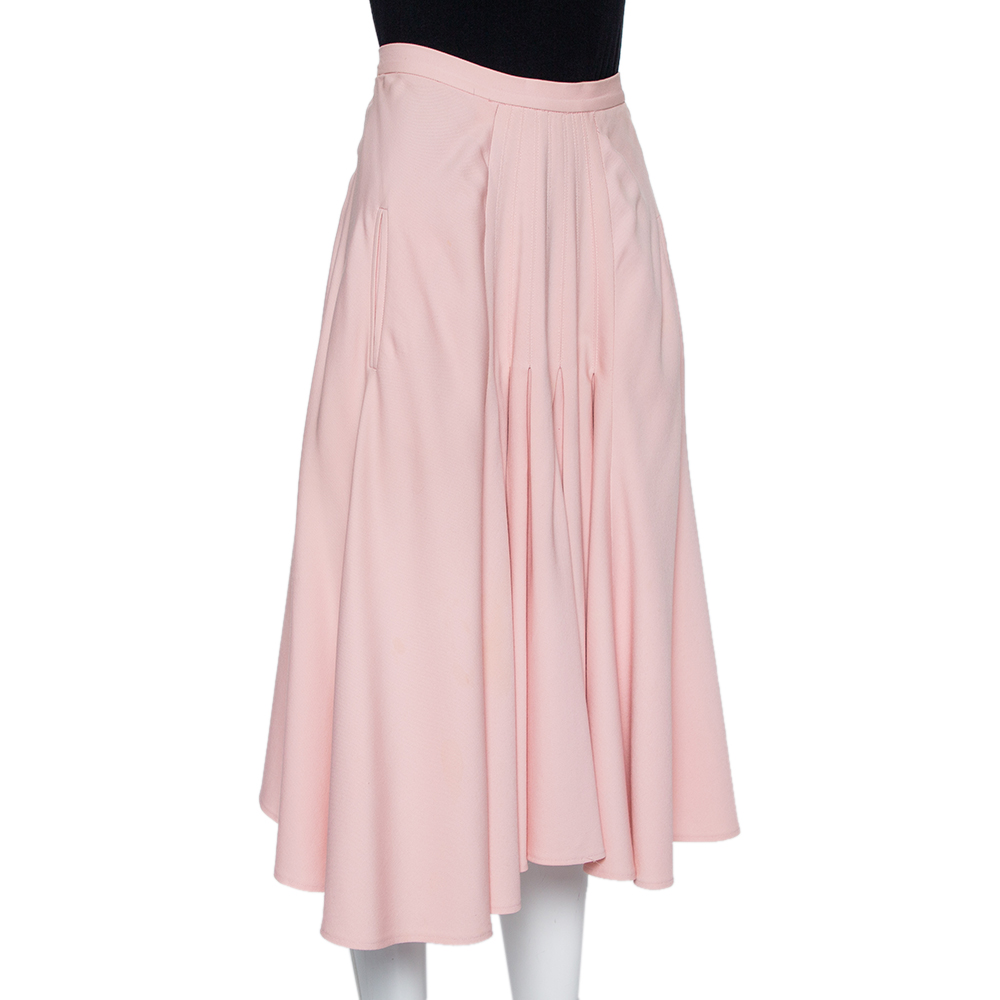 

Oscar de la Renta Pink Wool Pleated Detail Flared Midi Skirt