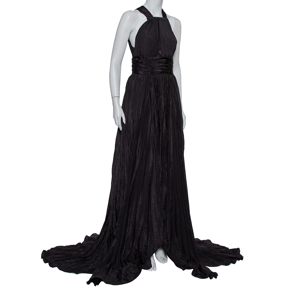

Oscar de la Renta Black Silk Plissé Asymmetrical Hem Detail Flared Gown