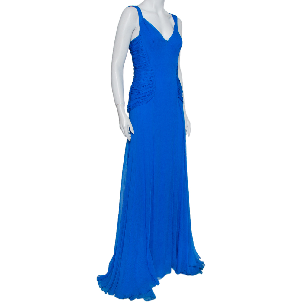 

Oscar de la Renta Blue Silk Chiffon Draped Sleeveless Gown