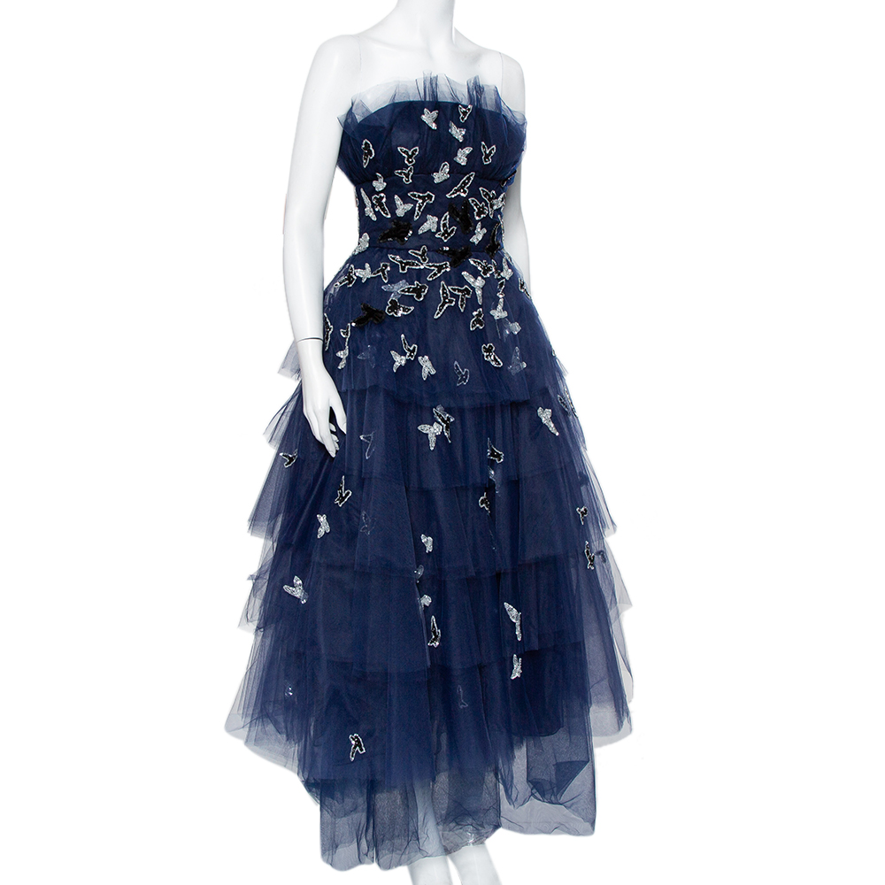 

Oscar de la Renta Navy Blue Tulle Sequin Embellished Tiered Midi Dress