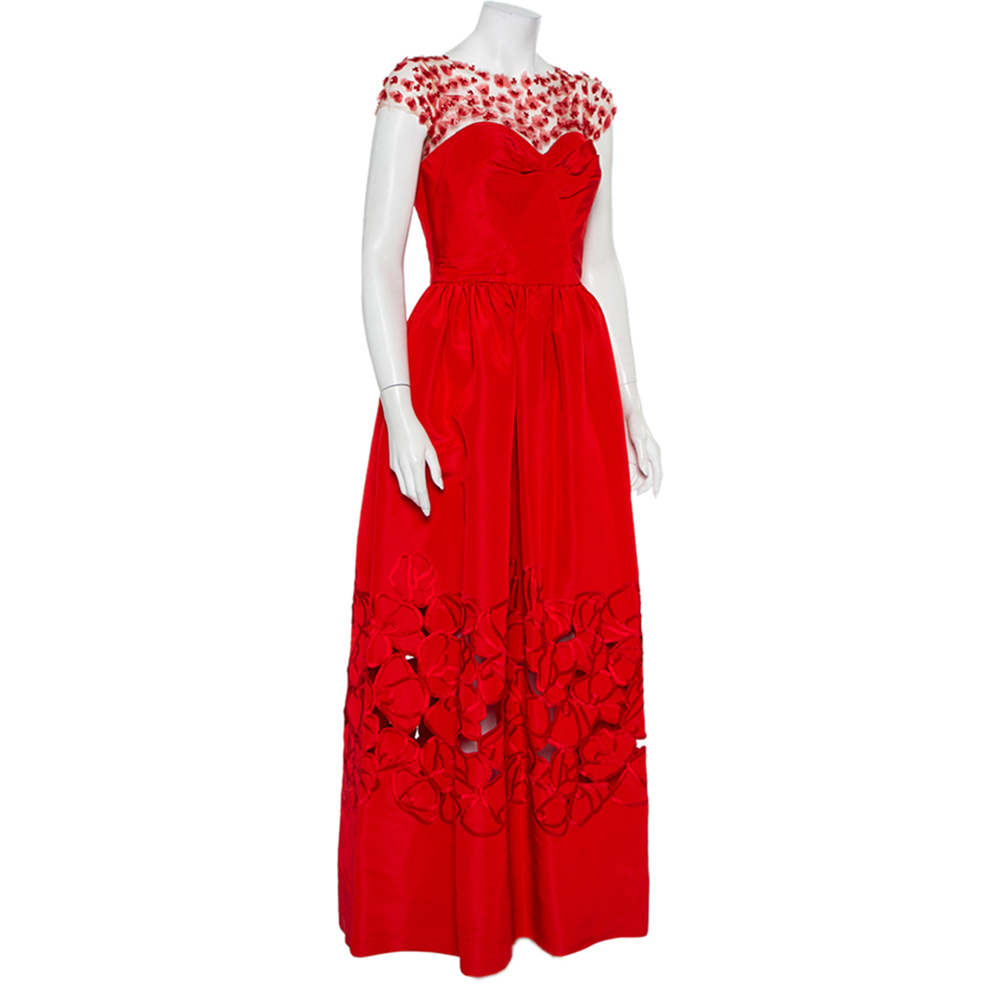 

Oscar de la Renta Red Sequin Floral Embellished Cutout Detail Ball Gown