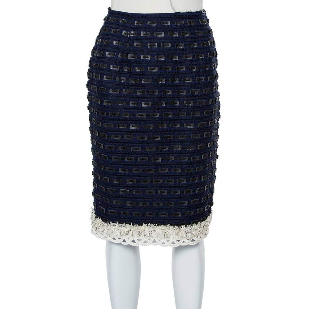 

Oscar de la Renta Navy Blue Synthetic & Faux Leather Trim Pencil Skirt