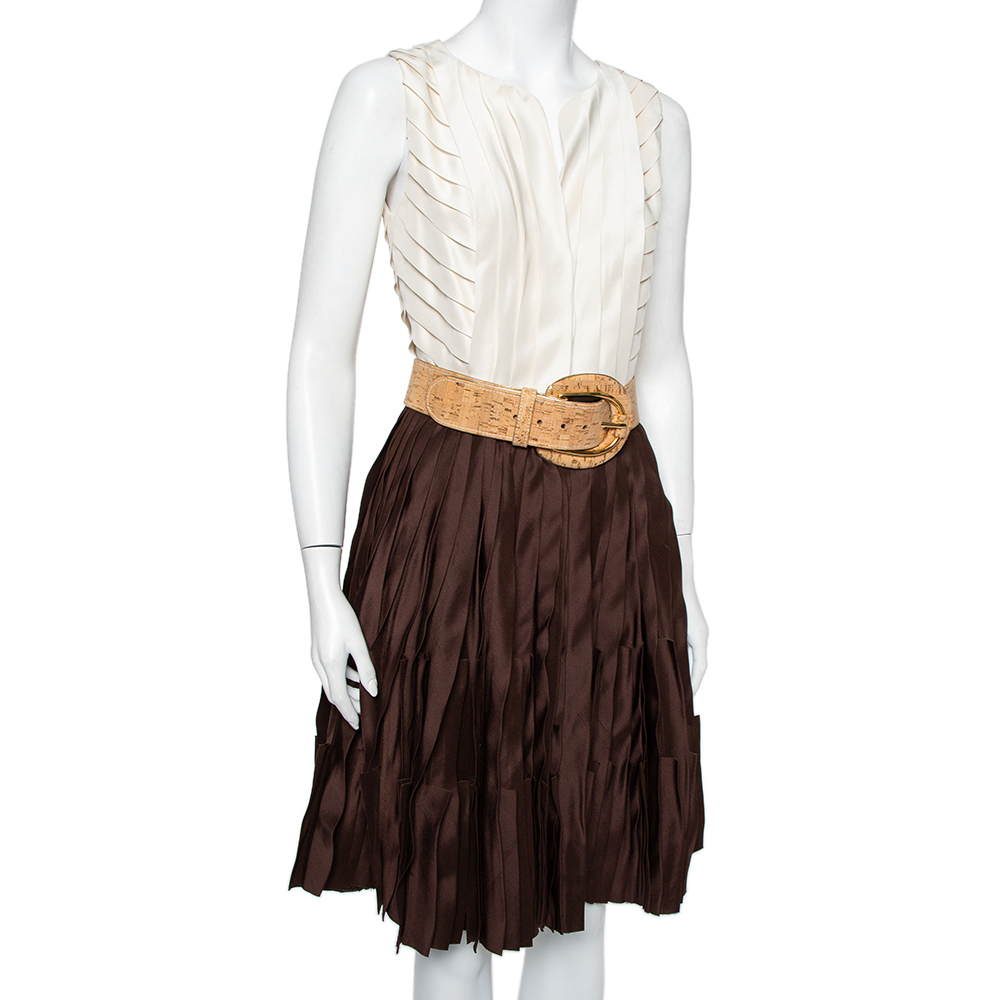 

Oscar de la Renta Cream & Brown Silk Pleated Belted Mini Dress