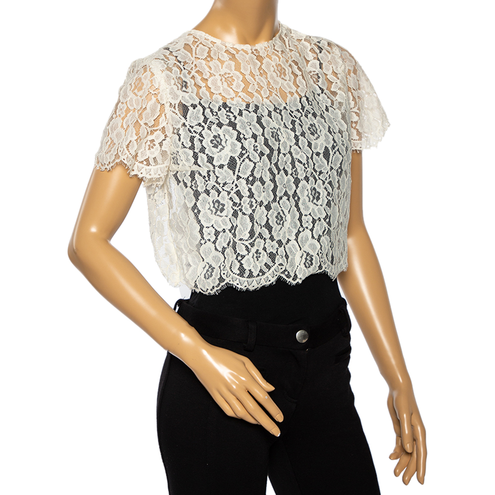 

Oscar de la Renta Off White Lace Open Back Corded Cropped Top