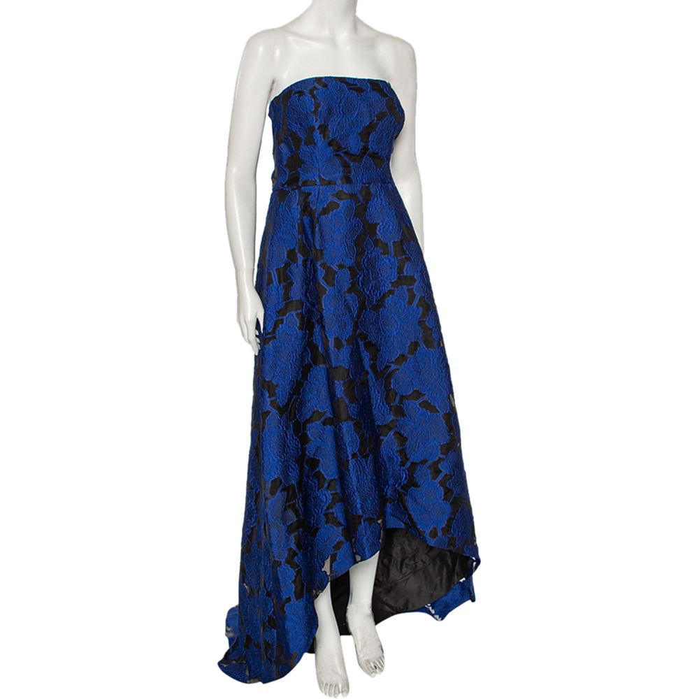 

Oscar de la Renta Blue Floral Devore Lace Strapless Gown