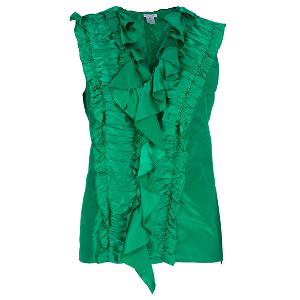 Pre Owned Oscar De La Renta Emerald Ruffle Satin Sleeveless Top L