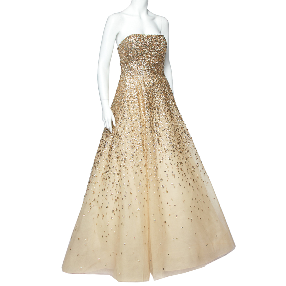 

Oscar de la Renta Gold Embellished Tulle Strapless Gown