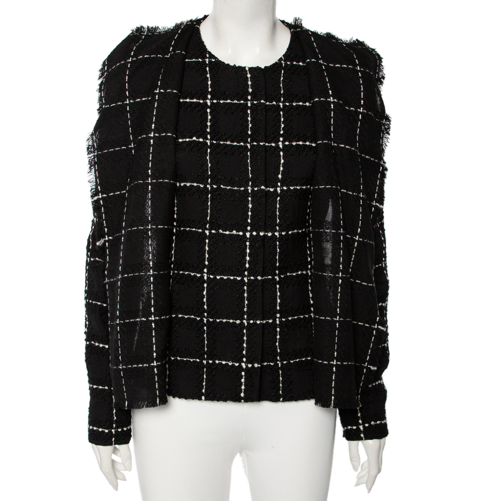 

Oscar de la Renta Monochrome Embroidered Wool Button Front Jacket, Black