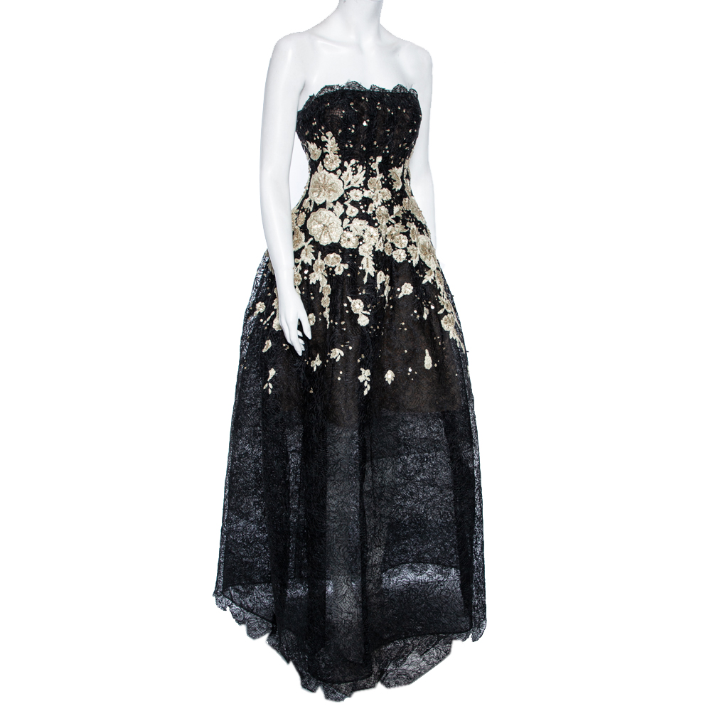 

Oscar de la Renta Black & Gold Embroidered Tulle Strapless Gown