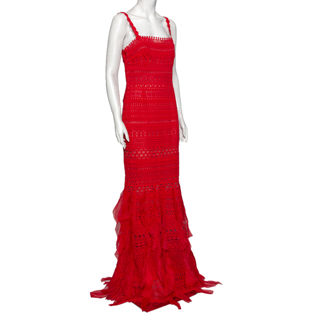 

Oscar de la Renta Red Guipure Lace & Ruffled Silk Trimmed Cockail Dress