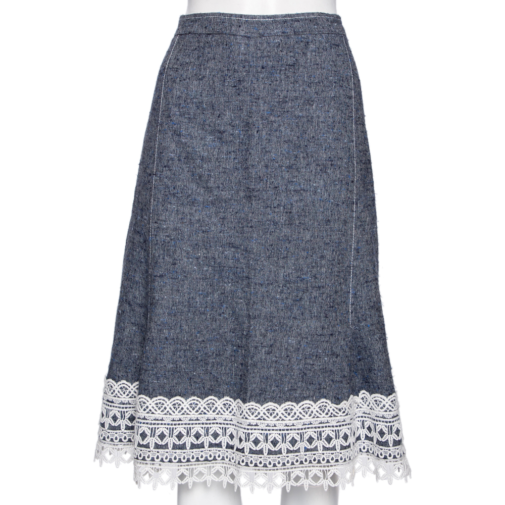 

Oscar de la Renta Blue Silk & Linen Lace Trimmed Skirt MTO