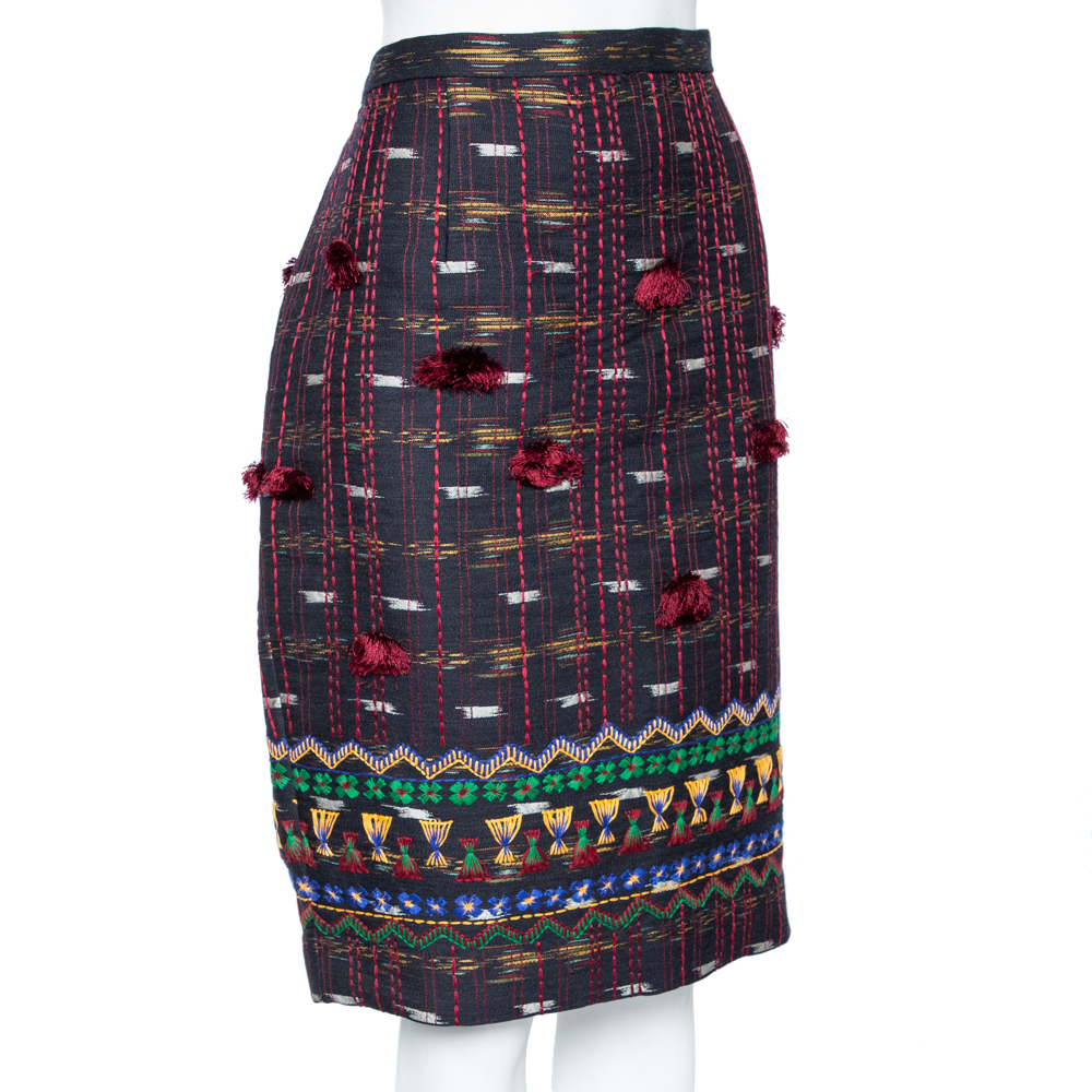 

Oscar de la Renta Midnight Blue Wool Embroidered Pencil Skirt (MTO)