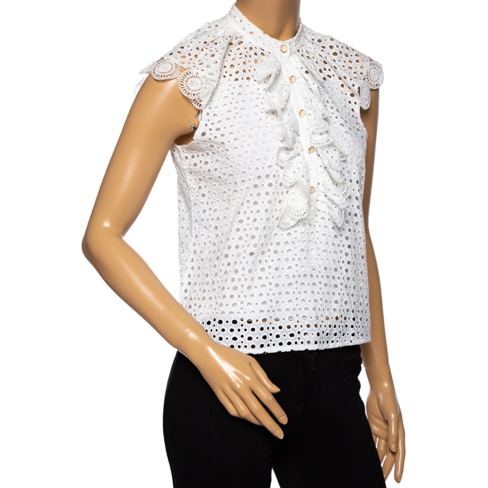 

Oscar de la Renta White Eyelet Cotton Ruffle Trimmed Top