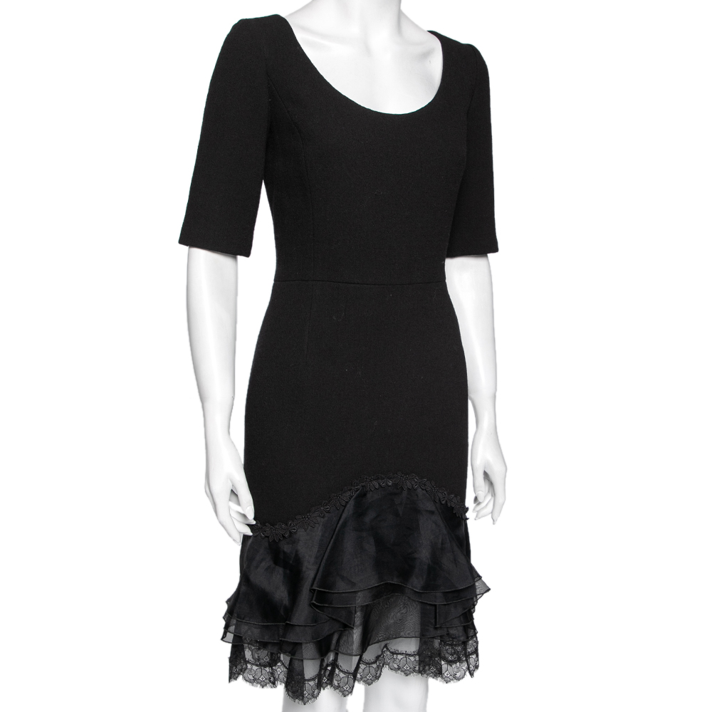 

Oscar de la Renta Black Wool & Lace Trimmed Dress