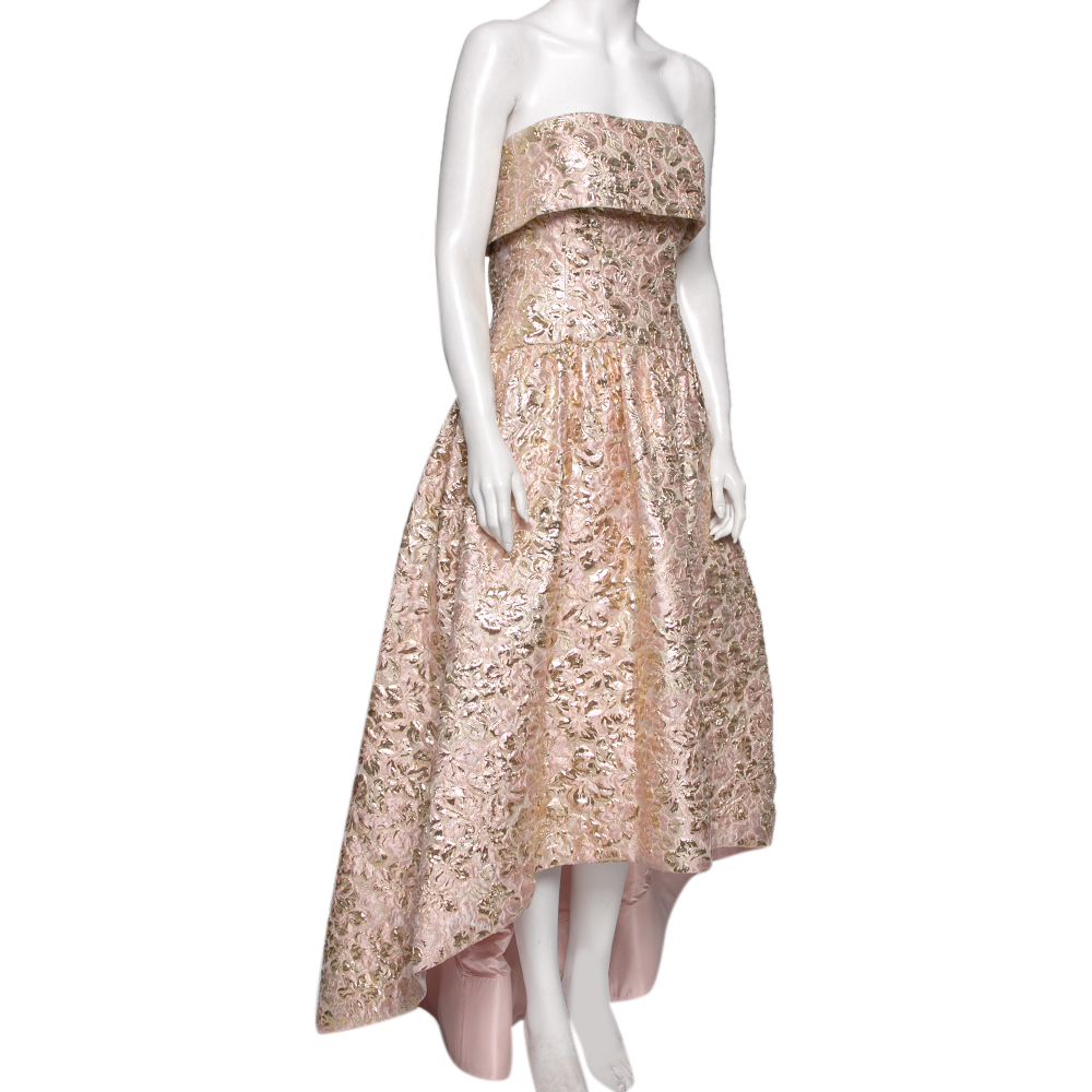 

Oscar De La Renta Pink and Gold Brocade Strapless Asymmetrical Gown