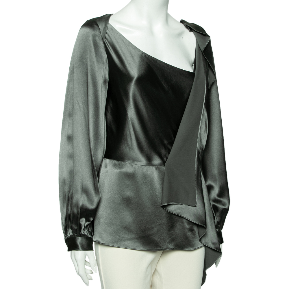 

Oscar de la Renta Dark Green Satin Draped Top