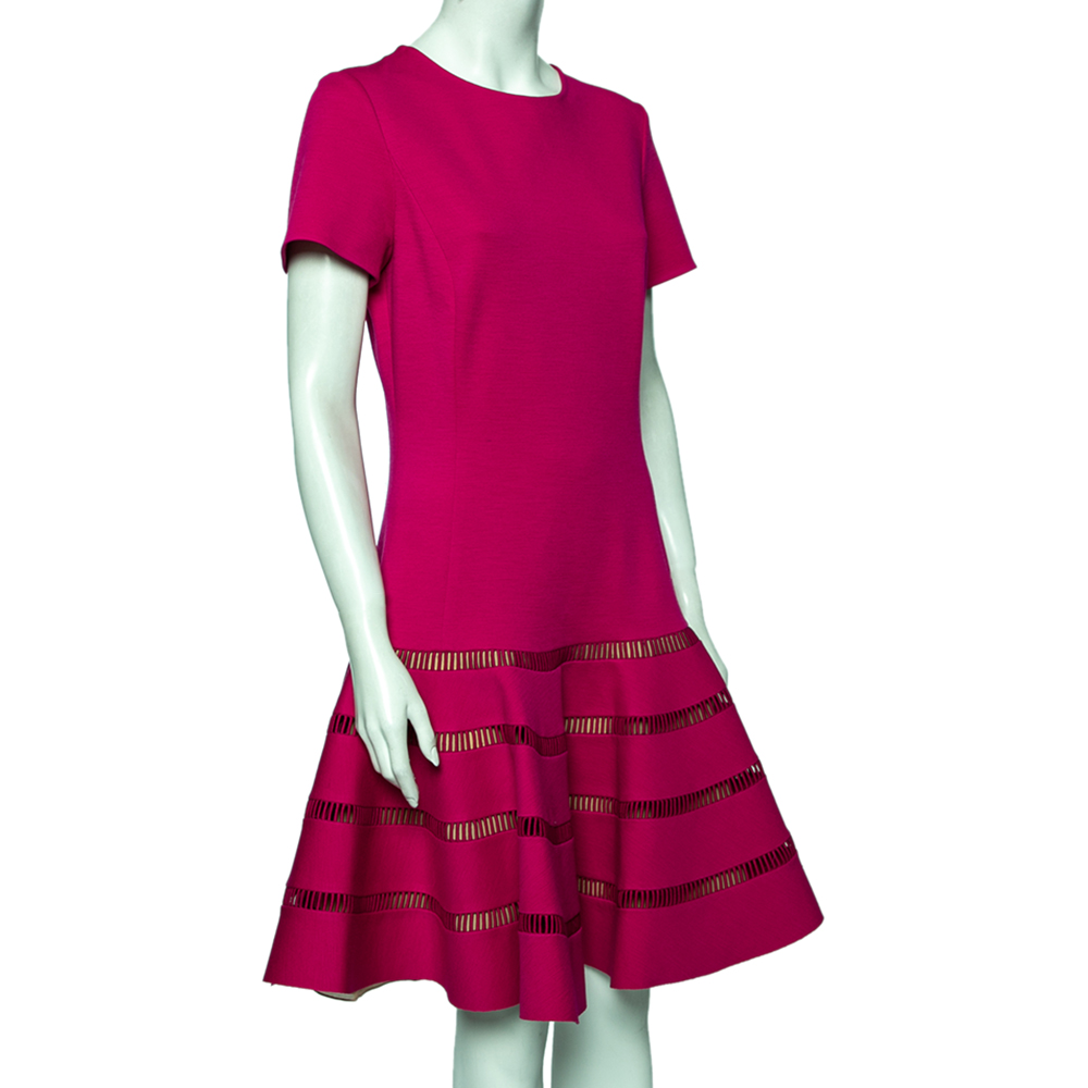 

Oscar de la Renta Fuchsia Textured Wool Short Sleeve Dress, Pink