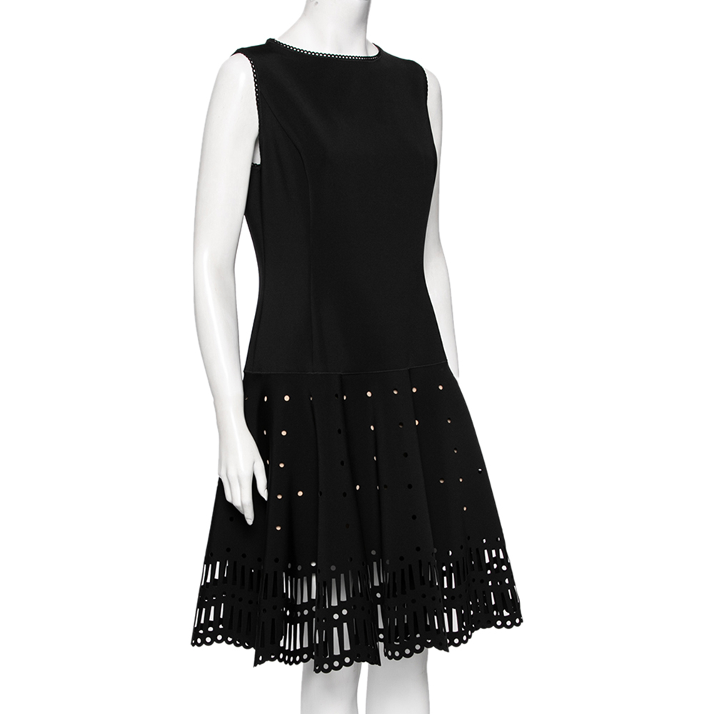 

Oscar de la Renta Black Neoprene Laser Cut Patterned Dress